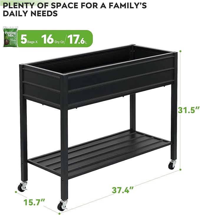 ZORMY 32 Tall Galvanized Raised Garden Bed with Legs Wheels &amp Shelf Elevated Planter Box Outdoor for Vegetables Herbs &amp Flowers Patio &amp Backyard Garden Bed with 400lb CapacityBlack