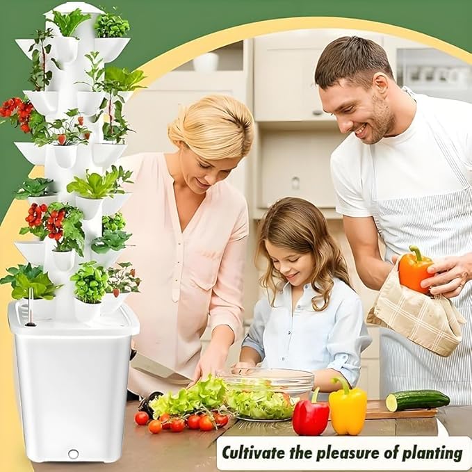 Vertical Hydroponic Tower Garden Growing System - Indoor Planter Kit with 30 Pods Aeroponic-Style Tower for Herbs Vegetables Lettuce &amp Strawberries Home Countertop Grow System White