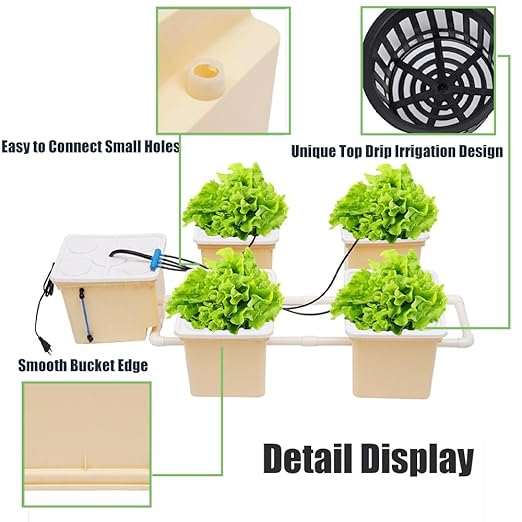 5 Hydroponic Buckets Kit for Plants Top Feed Drip Hydroponics Growing System for Herbs/Tomato/Vegetables DWC System with Submerged Pump (Complete Indoor Hydroponic Gardening Supplies)