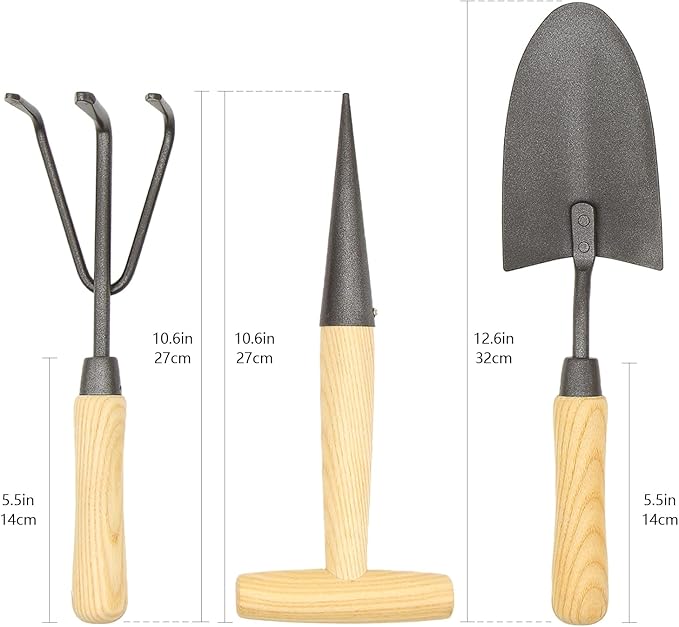 Japanese Gardening Tools Set 6 Pcs Garden Tools Set Black Painted Stainless Steel Heavy Duty Gardening Tools Kit Hand Trowel Dibble Hand Rake Weeder Transplanter and Hand Folk…
