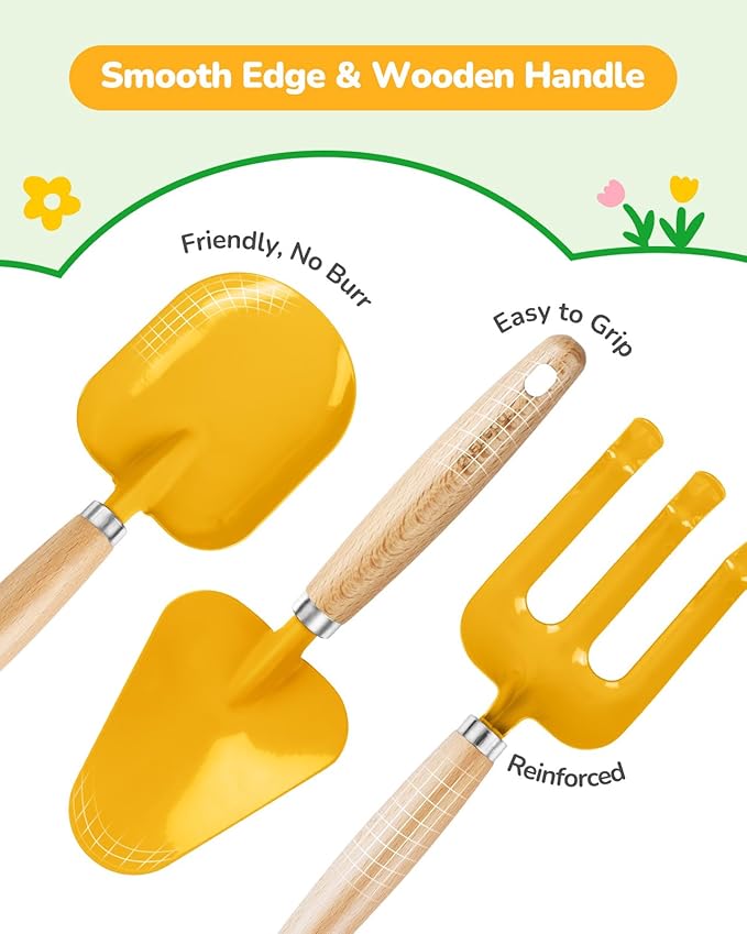 Kids Gardening Set ToysIncludes Metal TrowelTransplanting ShovelGarden hatRakeApronGlovesWatering Canand Tool Organizer Bag (Yellow)