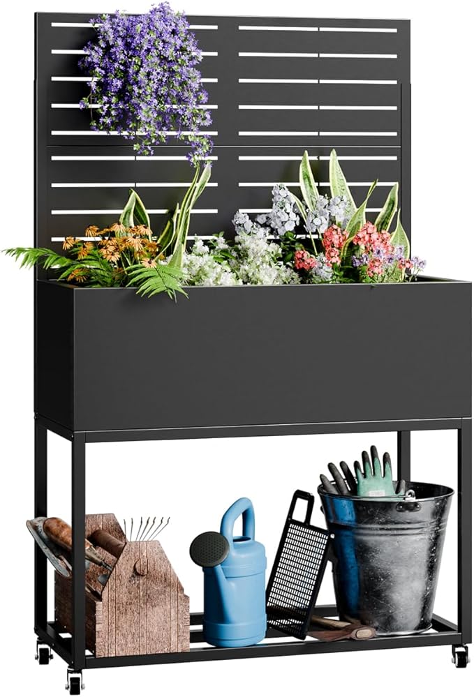 Metal Planter Box Multi-Functional &amp Easy to Assemble 55 H x 35 W Raised Garden Bed for Climbing Plants Elevated Standing Garden Planter with Drainage Holes for Outdoor Patio Black