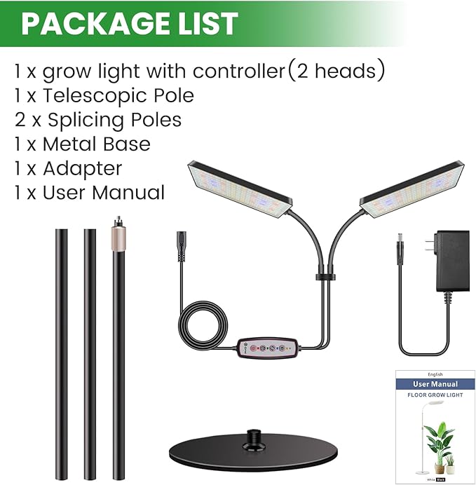 Wiaxulay Grow Light with Stand Full Spectrum Floor Plant Lights for Indoor Growing Height Adjustable 24-68 Ideal for Growing Large Plants 4/8/12/16H Timer3 Lighting Modes306 LED (2 Heads)