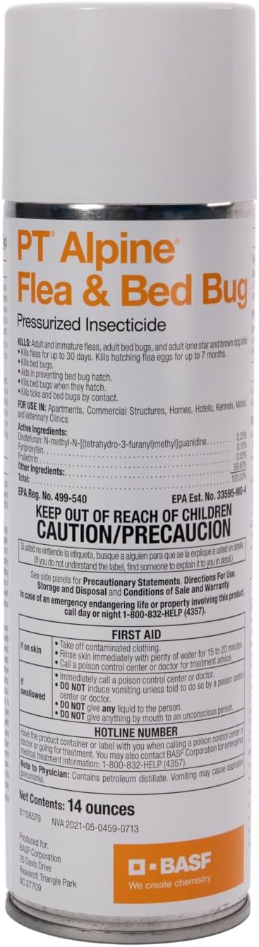 BASF PT Alpine Flea &amp Bed Bug Killer Fast Acting Insecticide Extended Long Lasting Pest Control Formula Quick Dry Non-staining Ready to Use Spray Can 14 oz