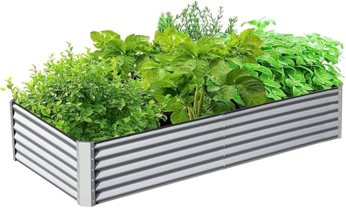 6x3x1.5Ft Galvanized Raised Garden Beds Outdoor Large Elevated Planter Raised Beds Rot-Resistant Deep Root Planter Box for Vegetables and Flowers Silver+White