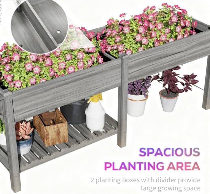 Elevated Garden BedWood Raised GBoxwith Side TableBottom ShelfBed Liners and Drainage Holes