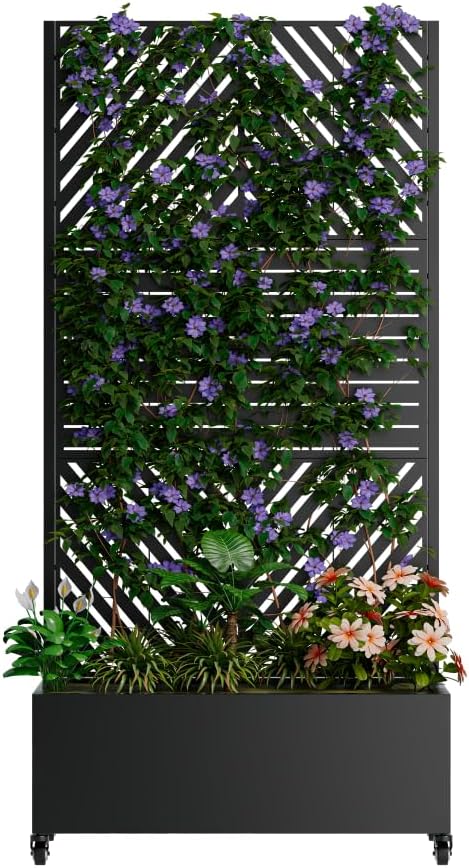Heavy-Duty Metal Planter Box with Built-in Trellis for Climbing Plants Vegetables and Vines – Rust-Resistant Raised Garden Bed with Drainage and Mobility Features (Black-1)
