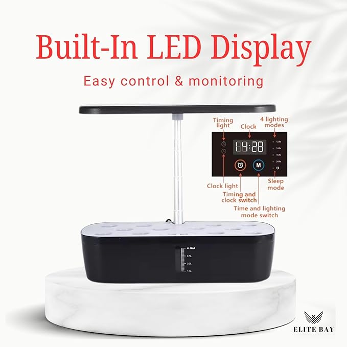 ELITE BAY-Hydroponic Growing System with 12 Pods – Smart Garden with LED Display Full-Spectrum Grow Light &amp 4L Water Tank | AU/US Plug | Soil-Free Planter Kit | Black |for Home Office &amp Kitc