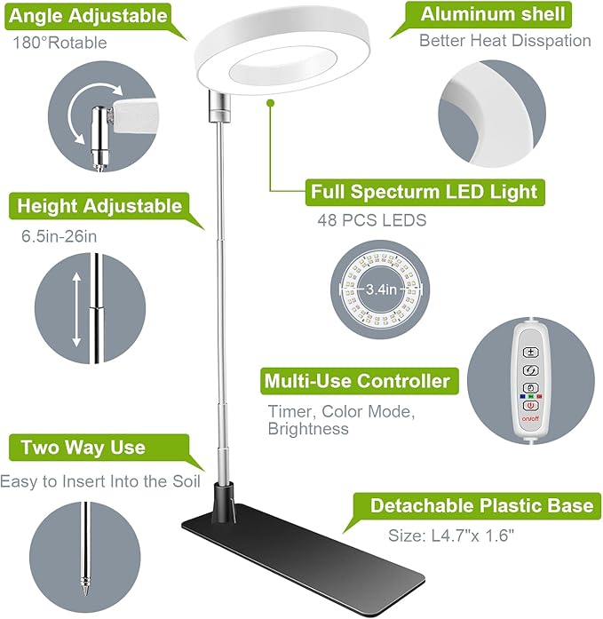 Grow Lights for Indoor Plants 48 LEDs Full Spectrum Halo Plant Grow Light Height Adjustable Growing Lamp with Detachable Base 3/9/12Hrs Timer 10 Brightness 3 Color Modes 5 Pack