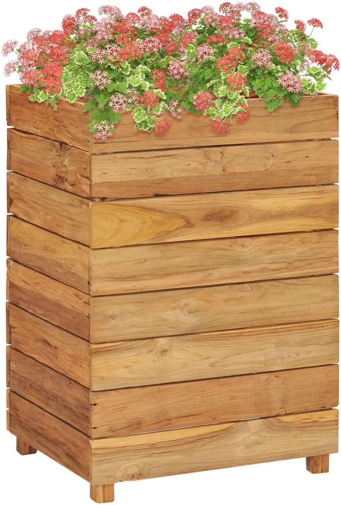 Raised Bed Recycled Teak Raised Planter with Wooden Legs and Steel Rack Bottom for Flowers Vegetables Weather Resistant Outdoor Planting Box Container 19.7x15.7x28.3 -AA