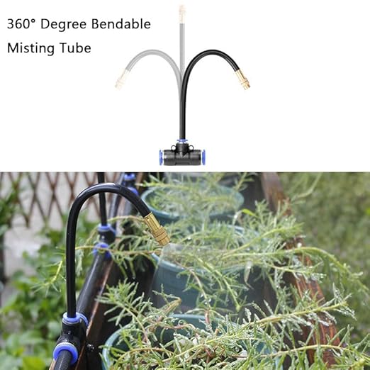 Garden Watering System Greenhouse Mist Drip Irrigation Kit 65Ft Hanging Plant Watering System with 20 Three-Way Atomizing Nozzle and 12mm Irrigation Tubing Hose Gold