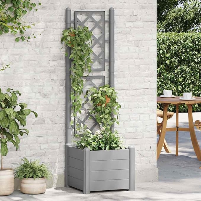 Garden Planter with Trellis Raised Flower Bed Garden beds Outdoor Garden Raised Beds Planter Boxes Suitable for Courtyard Nursery Orchard Corridor 16.9x16.9x55.9 PP Stone Gray