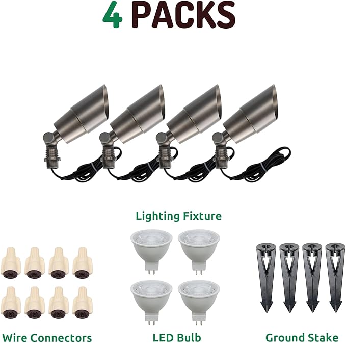DOSHINE® Solid Brass Landscape LED Spotlights Outdoor Low Voltage Landscape Lighting AC/DC 12V Uplight Accent Light for Tree Garden Yard with Replaceable 5W 3000K Warm White 560LM MR16 Bulb (4-Pack)