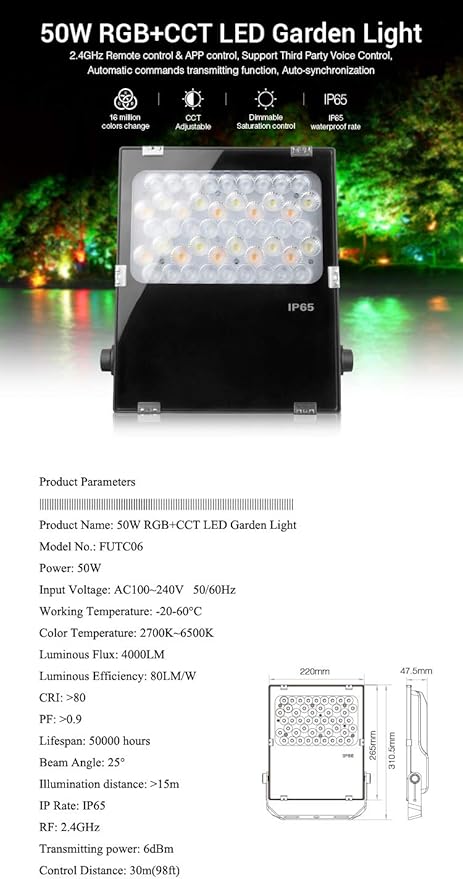 LGIDTECH FUTC06 Miboxer 50W RGBCCT Outdoor LED Landscape Garden Spotlight AC100-240V 16 Million Colors ChangingColor Temperature AdjustableMemory Function.APP Can't Control Directly