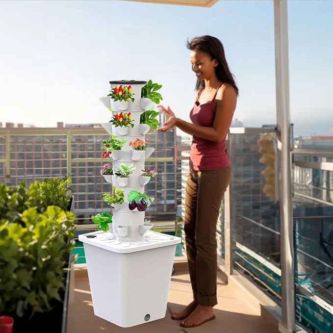 Tower Garden Hydroponics Growing System 10-30-Plant Sites Vertical Garden Planter Indoor Smart Garden Kit with Pump and Movable Water Tank (No Seedlings Included) (Color : Gris Size : 30 Holes)