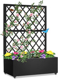 Metal Planter Box with Privacy Screen TrellisGalvanized Raised Garden Bed On Wheels for Climbing Plants Vines Standing Garden Flower Bed with Drainage Holes (Black 35 L x16 W x 55 H)
