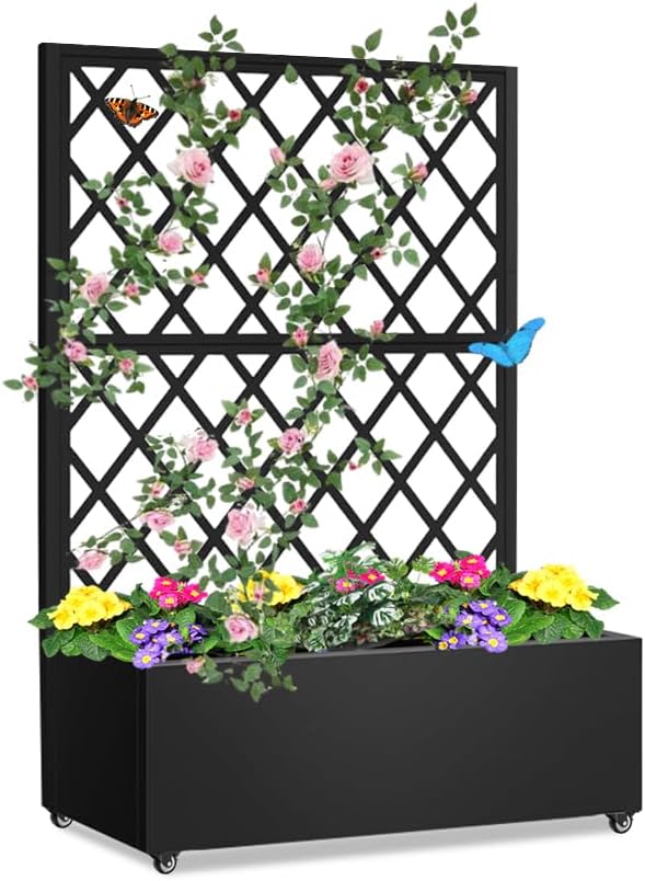 Metal Planter Box with Privacy Screen TrellisGalvanized Raised Garden Bed On Wheels for Climbing Plants Vines Standing Garden Flower Bed with Drainage Holes (Black 35 L x16 W x 55 H)