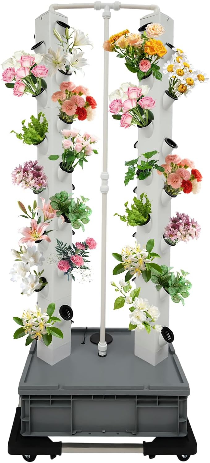 56 Holes Hydroponic Growing Tower 64” Tall Vertical Garden Kit with Timer Indoor Vertical Planter Germination Kit with Water Pump &amp Wheels for Herb Vegetable Planter(White)