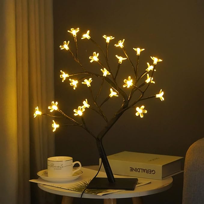 Cherry Blossom LED Bonsai Tree Lamp 24 Warm White Lights USB Powered Artificial Decor for Home Office PVC 32cm