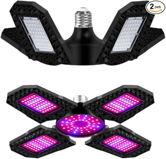 2Pack 500W Deformable Plant Light E27/E26 LED Greenhouse Hydroponic Luminaires 90-260V Indoor Plant Lamps 4 Adjustable Panels Red-Blue Spectrum for Succulent Cactus Cultivation Growth Box Fill Lights