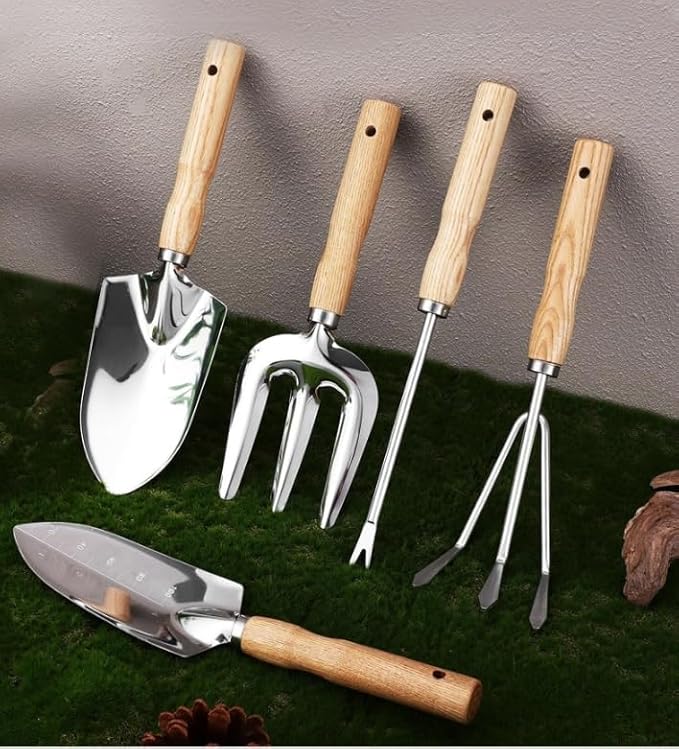 Home Garden Tool Set 5 Piece Gardening Tools Stainless Steel Gardening Kit with Wooden Handle Garden Shovel Cultivate Garden Rakes Garden Shovel For Excavation Growing Measurement Transplanting