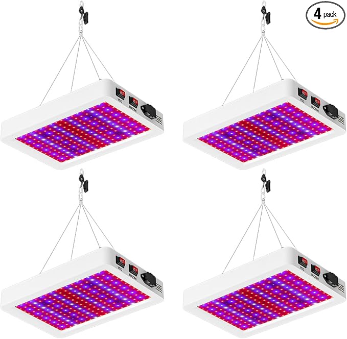 4Pack 500W High Efficiency Full-Spectrum Plant Panels Dimmable Veg/Bloom 2 Modes with UV/IRGrows Lighting for Hydroponics Greenhouse Tents &amp Indoor Planting Lamp with US Plug and Detachable Hoo