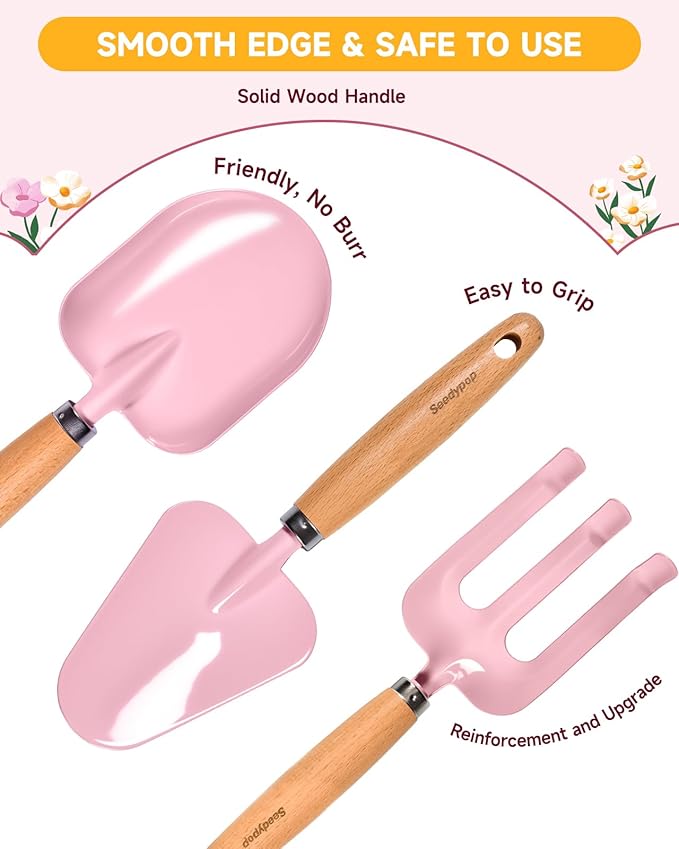 Kids Gardening Tool Set Toys - 8 Pieces Quality Garden Kit for Toddlers &amp Kids with Shovels Rake Watering Can Hat Apron Gloves &amp Storage Bag (Pink Flower)