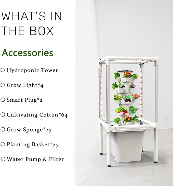 Garden Hydroponic Growing System30 Hole Hydroponics Towerwith LED Grow Light Indoor Smart Garden Kit Aeroponics Growing Kit with Hydrating PumpAdapterNet PotsTimer