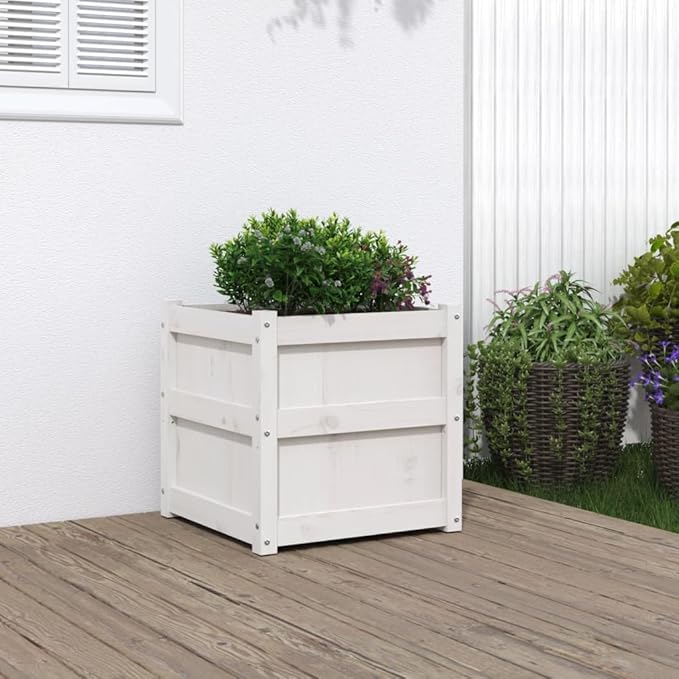 Solid Pine Wood Garden Planter Raised Bed for Flowers Vegetables Herbs White Painted Balcony Patio Fencing Garden Walls