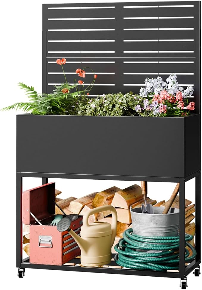 Metal Planter Box with Trellis55 H x35 W Raised Garden Beds with Privacy Screen for Climbing Plants Flower Elevated Standing Planter Garden Bed with Drainage Holes for Outdoor PatioBlack