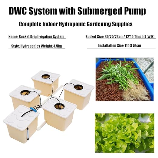 5 Hydroponic Buckets Kit for Plants Top Feed Drip Hydroponics Growing System for Herbs/Tomato/Vegetables DWC System with Submerged Pump (Complete Indoor Hydroponic Gardening Supplies)