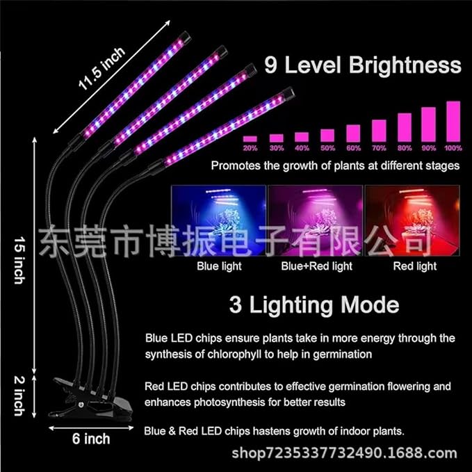 4-Light LED Grow Light Full Spectrum 6000K Clip Plant Light with White &amp Red LEDs - 5-Level Dimmable Auto Timer 4812H for Indoor Plants(4-Pack)