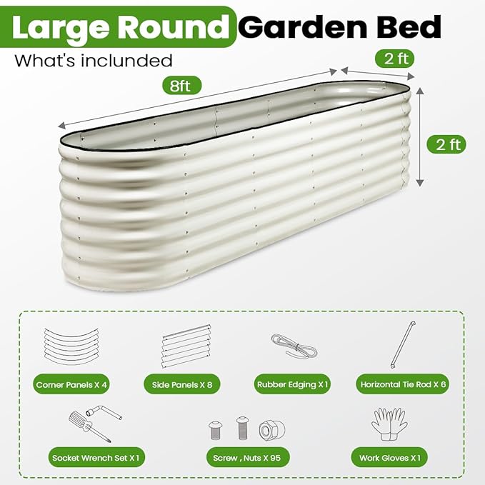 Raised Garden Bed 8x2x2FT Galvanized Metal Raised Bed Outdoor Planter Box Deep Root Large Planter Bed for Vegetables Flowers Herbs and Succulents(Pearl White)
