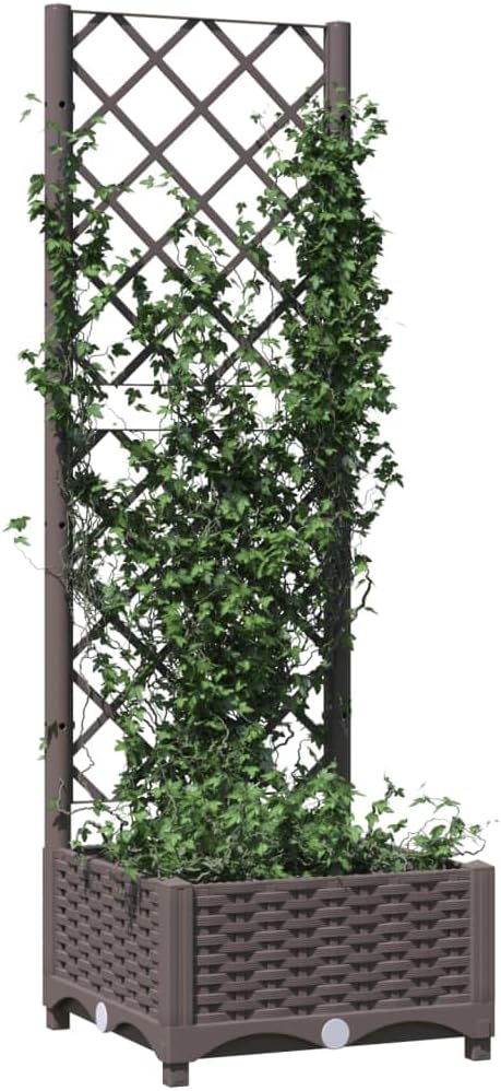 Plastic Garden Planter with Trellis Outdoor Raised Garden Bed Free-Standing Trellis Planter Box for Vine Climbing Plants Flowers Brown 15.7x15.7x47.8 PP-722