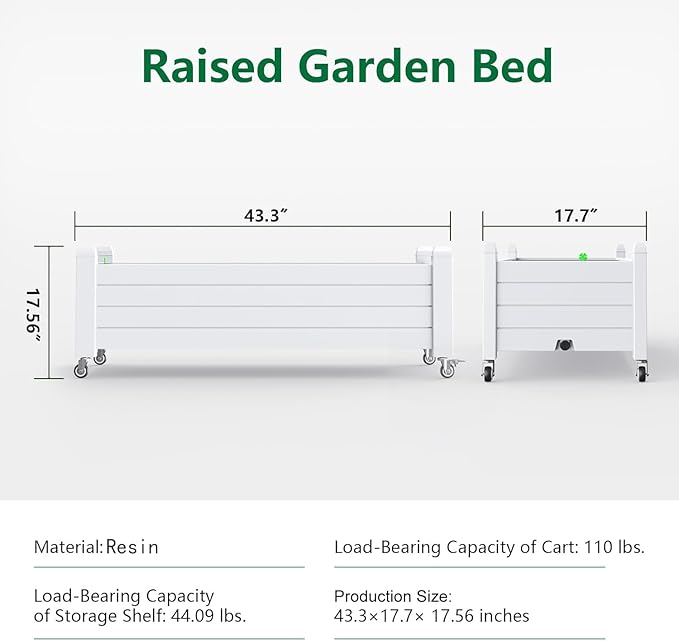 Raised Garden Bed with Wheels 21 Gallon Self-Watering Outdoor Raised Planter Box with Drainage Plug &amp Gauge for Vegetables Flowers Herbs Rustproof Resin for Backyard Patio Porch (Ashen)