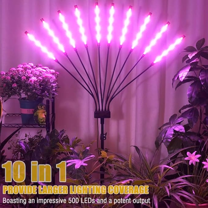 Grow Lights for Indoor Plants [ 10 in1 ] Full Spectrum Grow Light with Tripod Stand Auto On/Off Timing 4/8/12H Plant Lights for Indoor Growing. (Mix Spectrum 10 Arms)