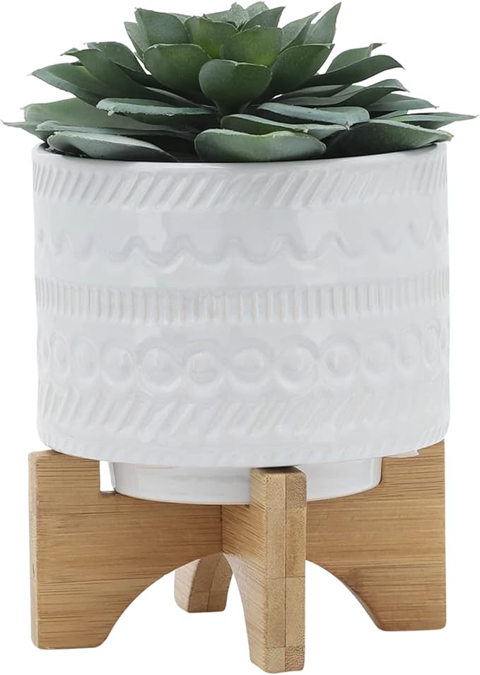 5 Tribal Planter W Wood Stand White