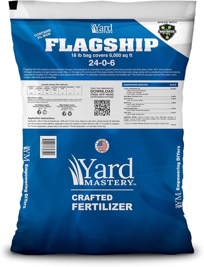 24-0-6 Flagship Granular Lawn Fertilizer with 3% Iron Bio-Nite™ (18 lb Bag Covers 6000 Square Feet) with 6% Potassium Micronutrients and 24% Slow Release Nitrogen Fertilizer for Lawn Care