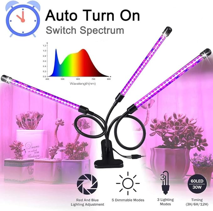 Grow Light Grow Lights for Indoor Plants - BaoChen 30W Plant Light with Auto Turn On Function 60 LED 3/6/12H Timer 5 Dimmable Modes 3 Spectral Modes 3 Divide Control Grow Lamp [Upgraded Switch]