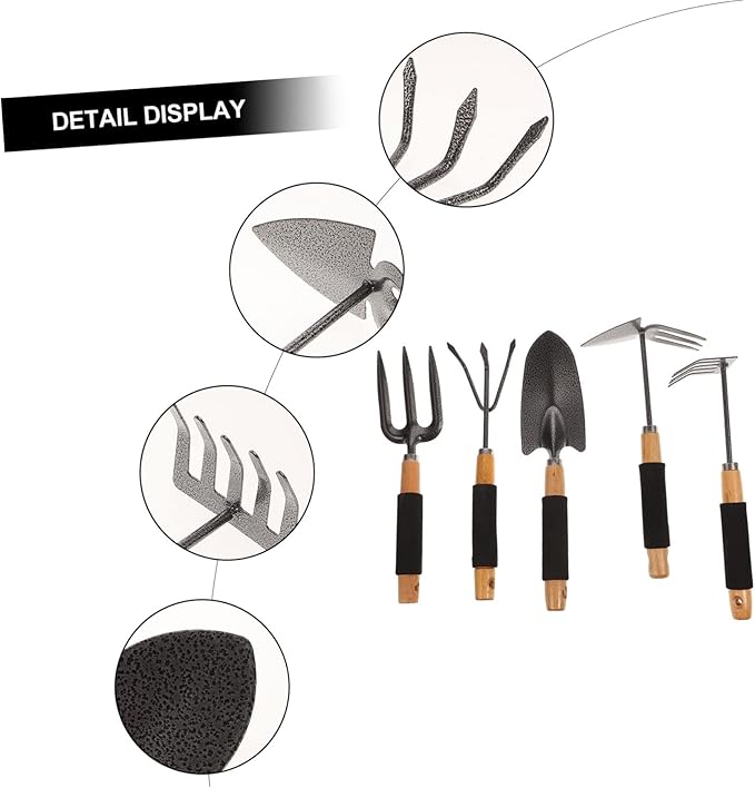 POPETPOP Professional Garden Tool Set 5-Piece Kit Shovel Rake and Spade for Excavation Weeding