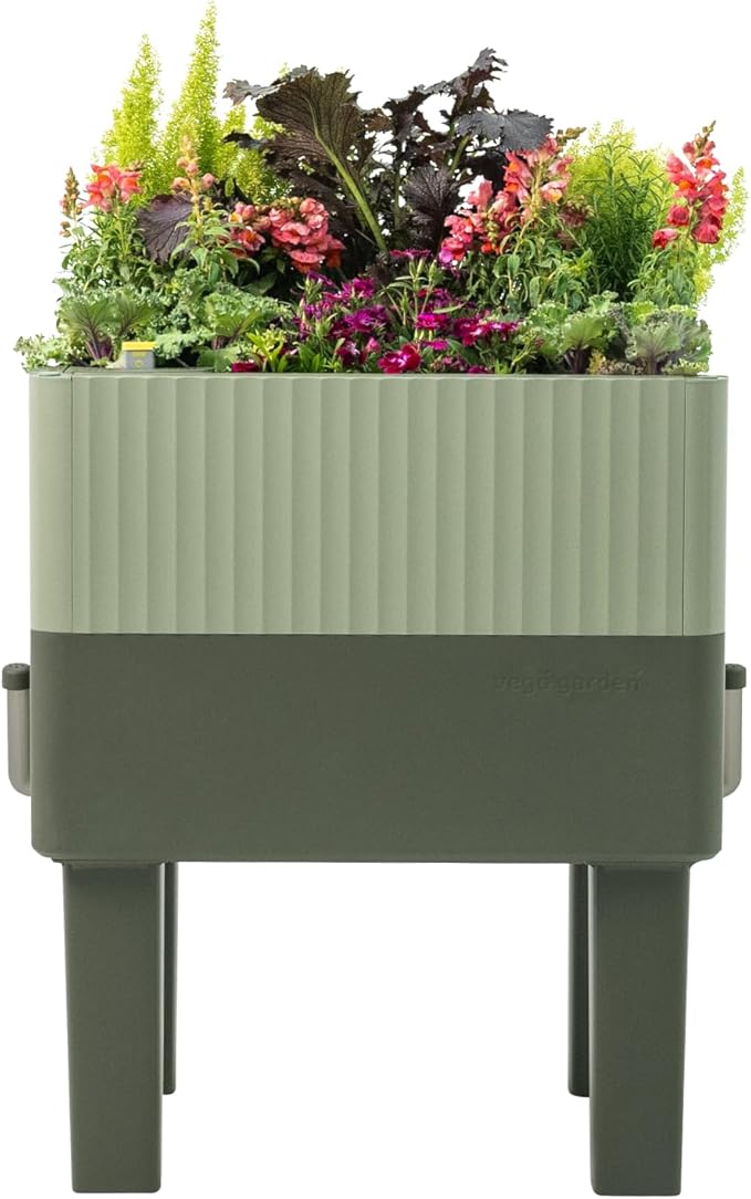 Vego garden EZCube Self Watering Planter Box with Legs 29 Elevated Raised Garden Bed with Water Gauge for Patio Backyard 21 x 24 Sage Green