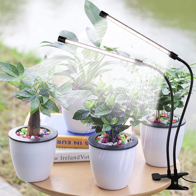 Plant Grow Light - 6000K Full Spectrum with Adjustable Red &amp White LEDs 10-Level Dimming USB Powered Clip-On Lamp for Indoor Plants Timer Function (2 Head)