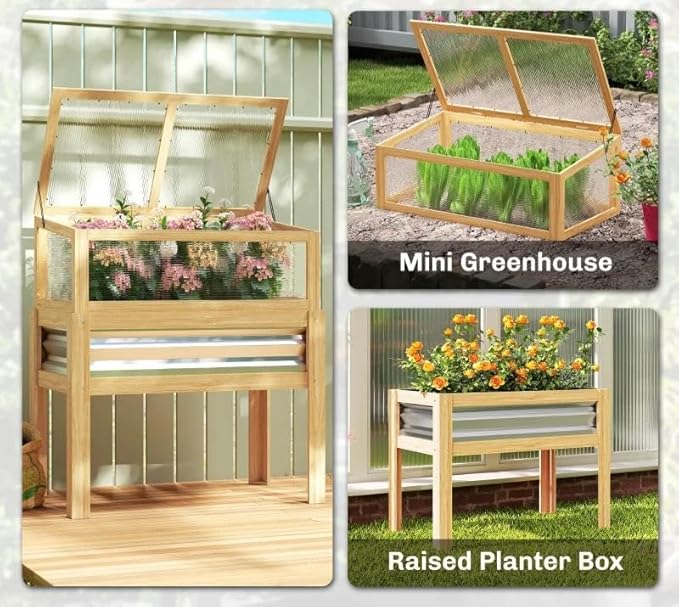 Elevated Raised Garden Bed with Flip-Up Mini Greenhouse Top – Wood Planter Box for Flowers Vegetables &amp Herbs – Weather-Resistant Outdoor Galvanized Metal Frame (Natural Wood)