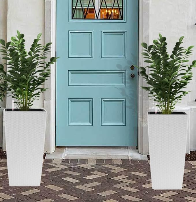 IndoorOutdoor Faux Rattan Square Planter 22.6 inch White Plastic Large Planter with Automatic Watering System for Home and G(White 22.6 inch 2 Pack)