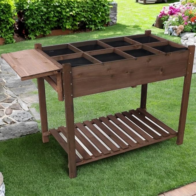 Raised Garden Bed with 8 Grow Grids Foldable Table Ledge and Fabric Liner Perfect Planter Boxes Outdoor for Vegetables Herbs and Flowers Raised Flower Bed for Gardening (Brown2)