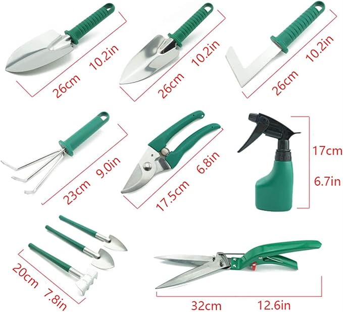 10 PCS Garden Hand Tools Set Planting KitGarden Work Tool with Carrying Case Gardening Tools with Water Proof and Never Mould ToteHandle Rake Weeder Trimmer Scissors Garden Hand Tool Belt Suitcase