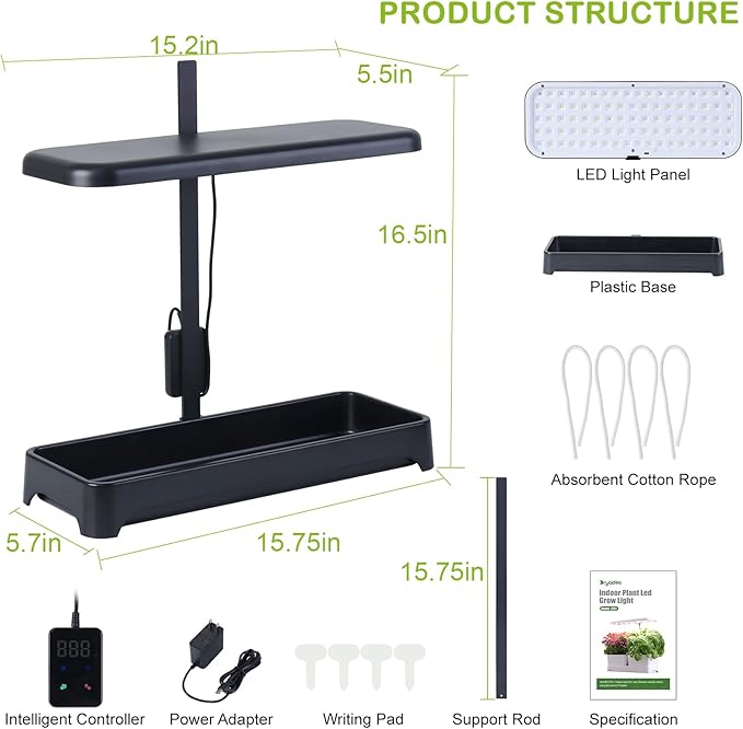 Indoor Garden Led Grow Light Full Spectrum LED Grow Lamp for Indoor Plants with Intelligent Controller Height Adjustable Ideal for Home Desk Plant Lighting (Without Pots) (Black 16.5*6.5*4 inch)