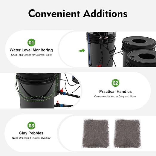 DWC Hydroponic System 5 Gallon 5 Buckets - Recirculating Deep Water Culture Kit w/12W Air Pump 4×4L/min Air Stone 6m Hose &amp Water Level Device for Indoor/Outdoor Leafy Vegetables Black