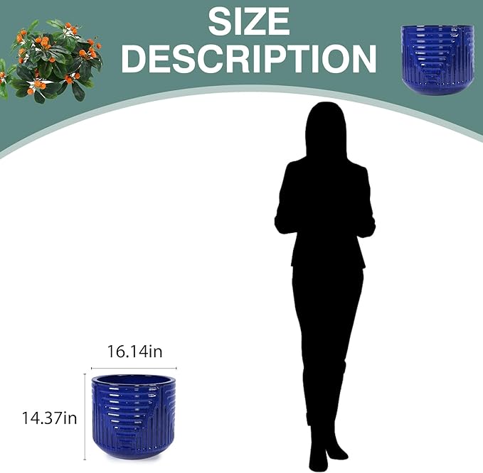 16 Dia Round for Indoor Plants Large Outdoor with Drainage Holes Ceramic Plant Pots Indoor Outdoor for Home Garden Patio Dark Blue