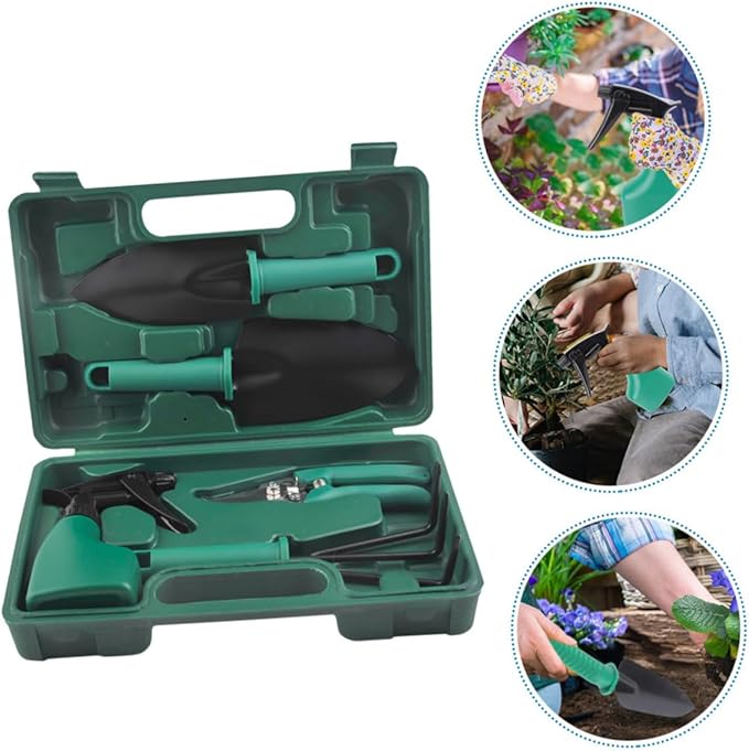 Luxshiny Garden Tool Set with Storage Case 5pcs Portable Gardening Shovels and Rakes for Outdoor Planting and Flower Care Steel Construction with Carrying Toolbox for Lawn and Garden